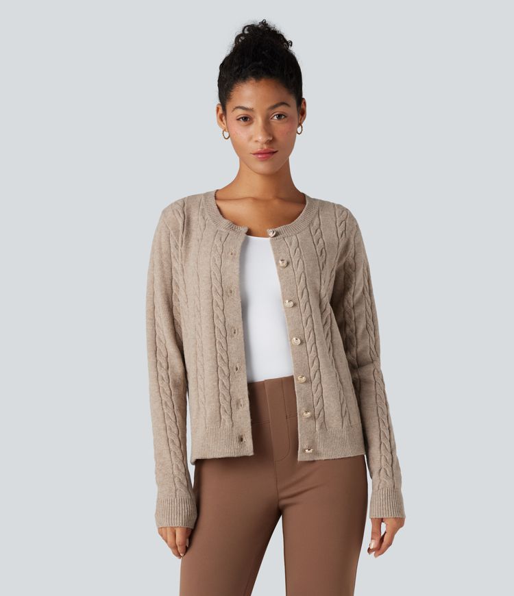 Round Neck Long Sleeve Cable Knit Work Cardigan