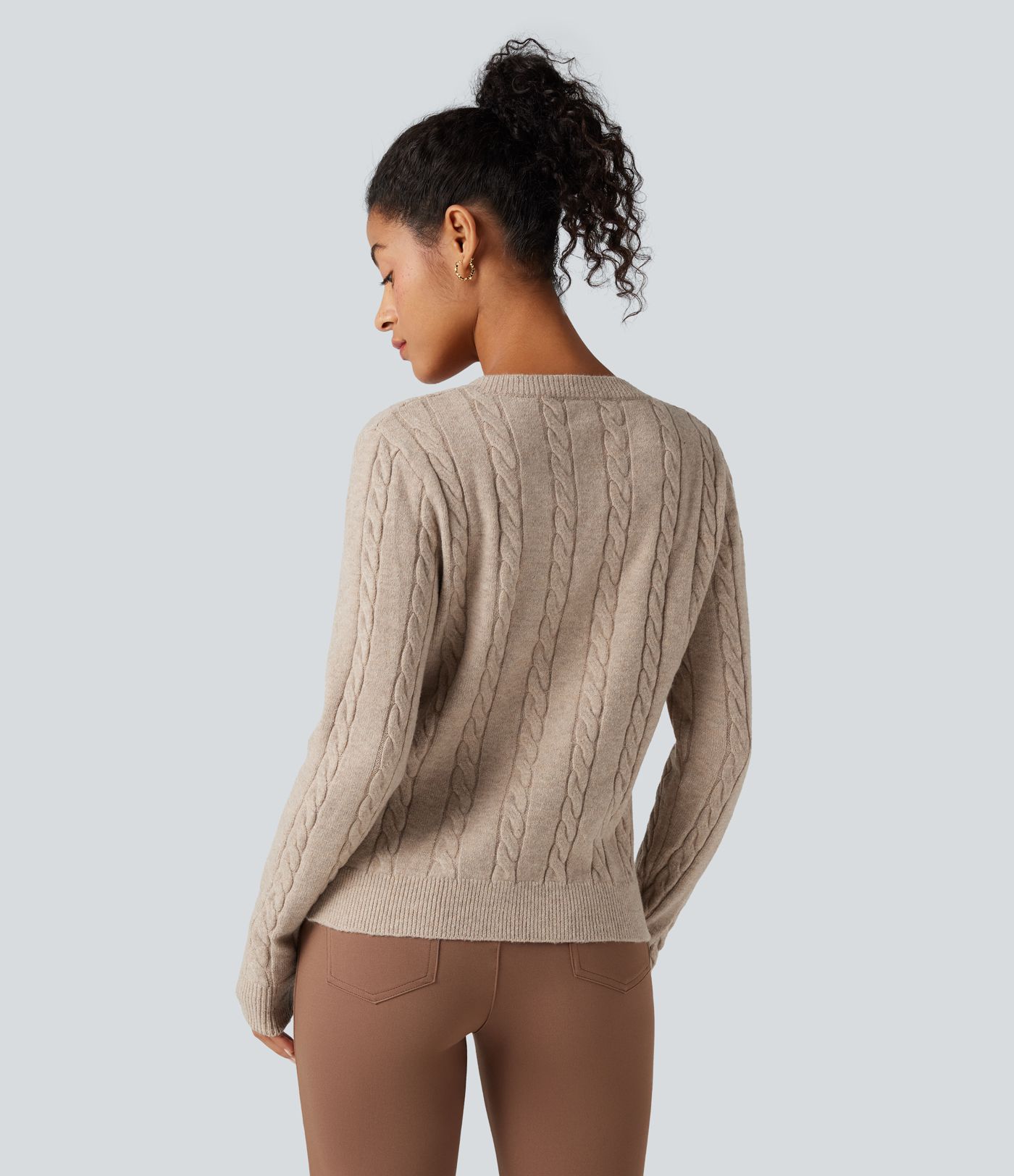 Round Neck Long Sleeve Cable Knit Work Cardigan
