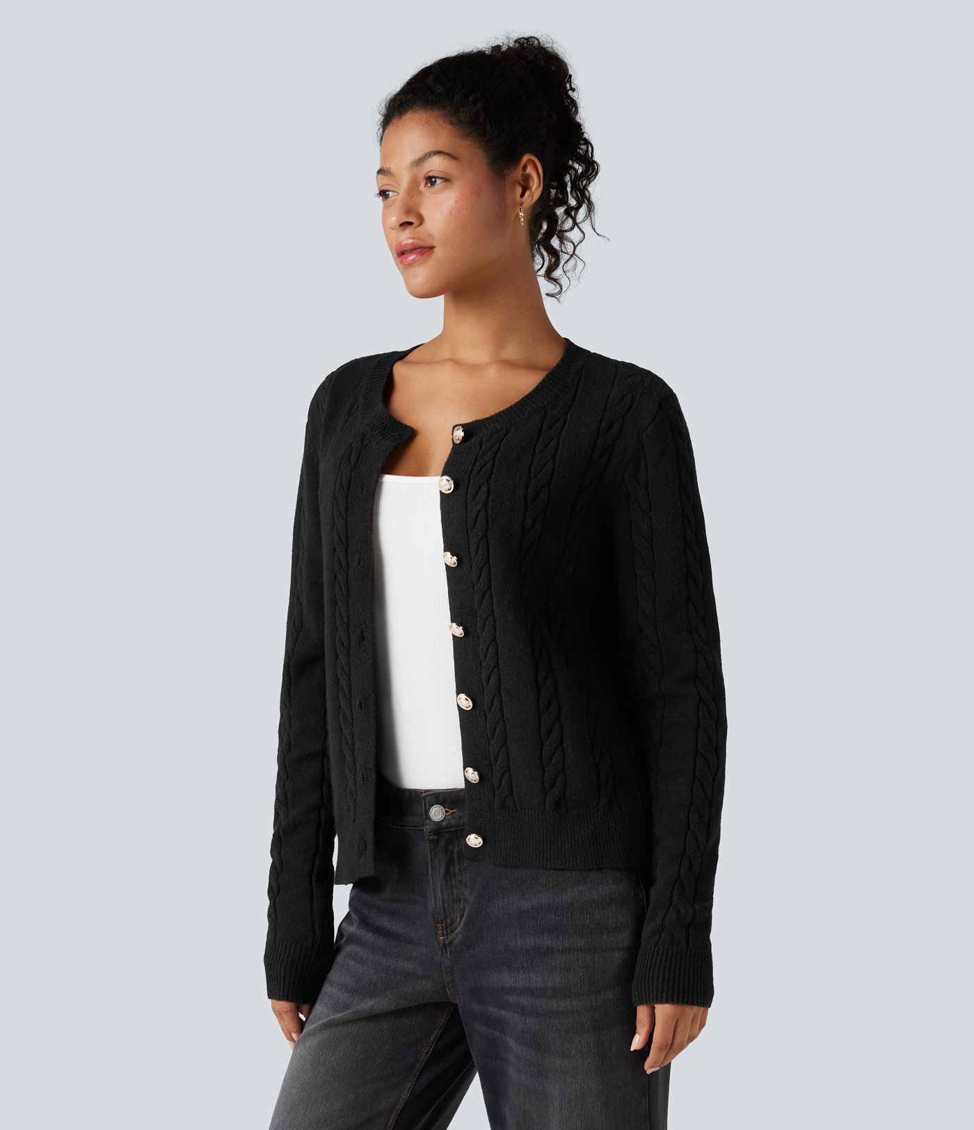 Round Neck Long Sleeve Cable Knit Work Cardigan