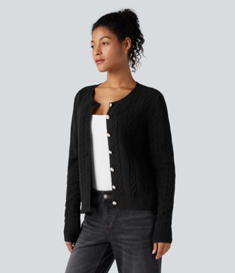 Round Neck Long Sleeve Cable Knit Work Cardigan