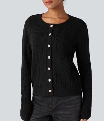 Round Neck Long Sleeve Cable Knit Work Cardigan