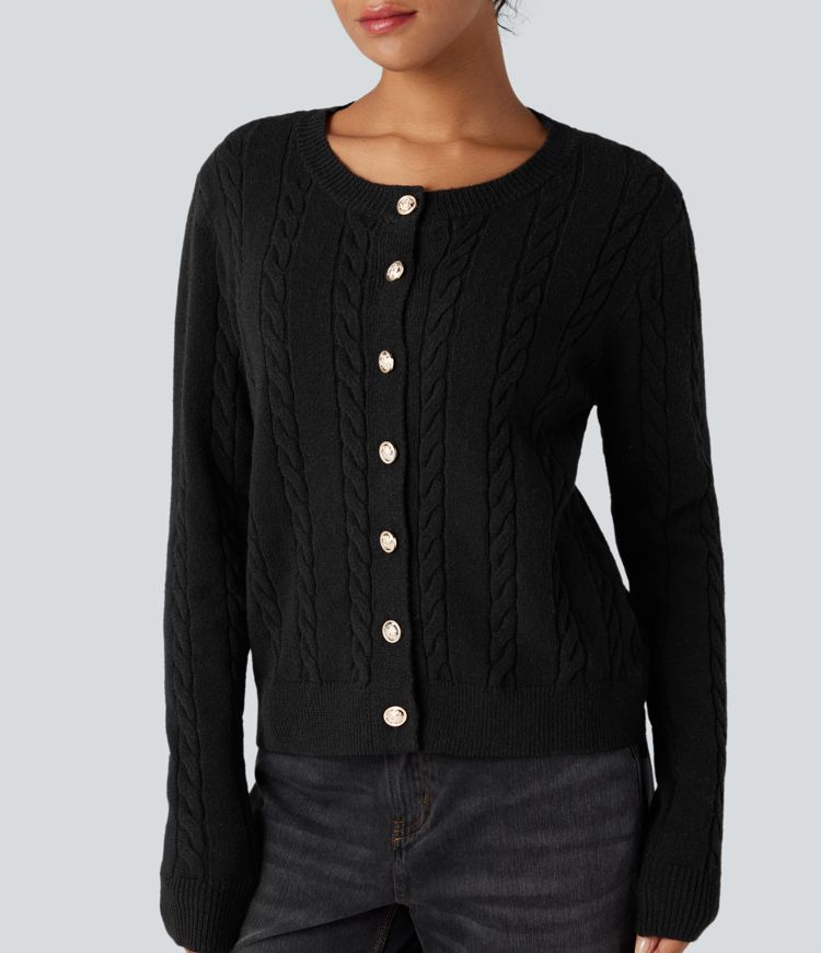 Round Neck Long Sleeve Cable Knit Work Cardigan
