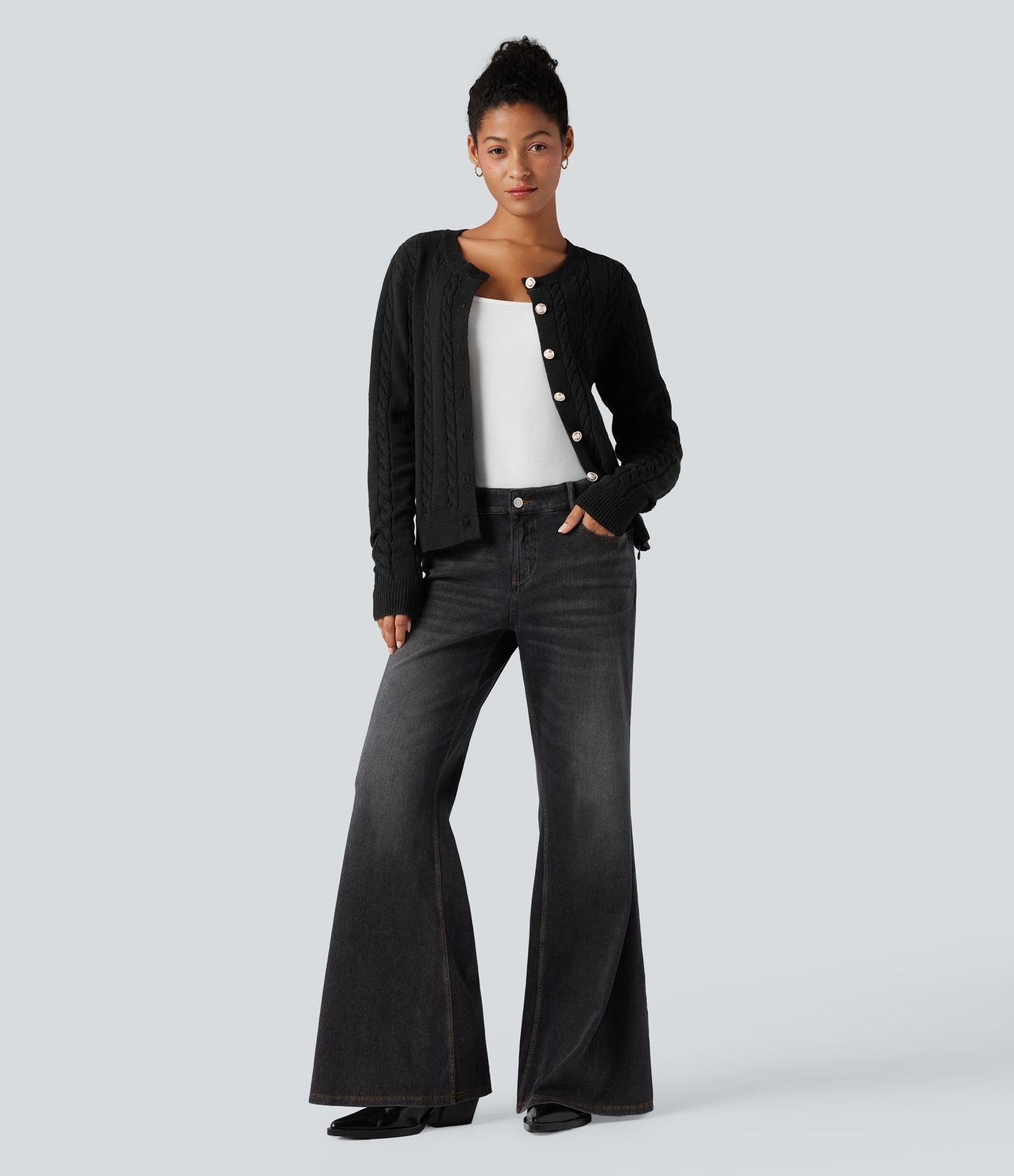 Round Neck Long Sleeve Cable Knit Work Cardigan