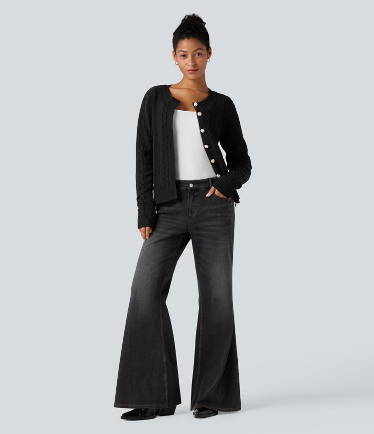 Round Neck Long Sleeve Cable Knit Work Cardigan