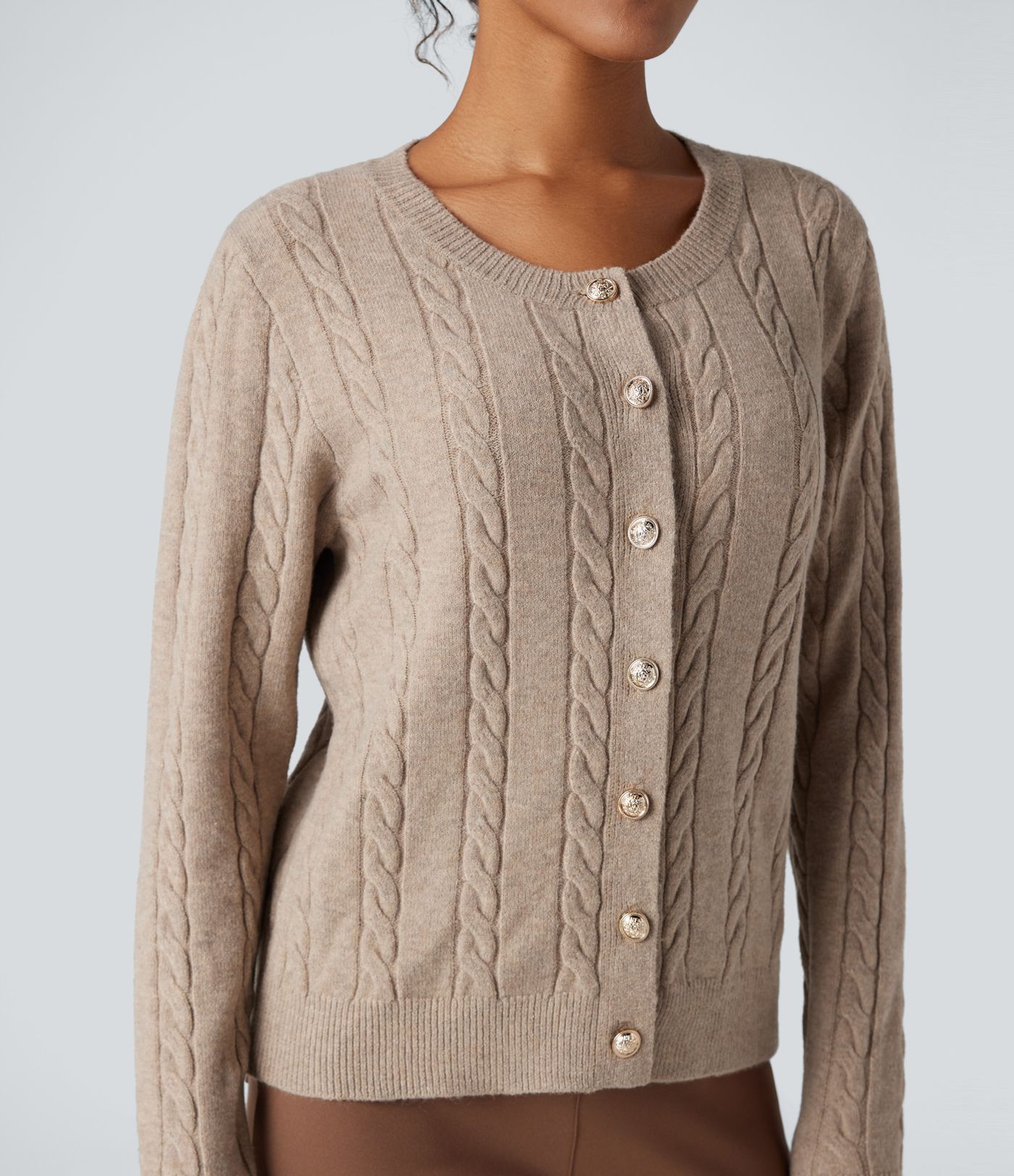 Round Neck Long Sleeve Cable Knit Work Cardigan