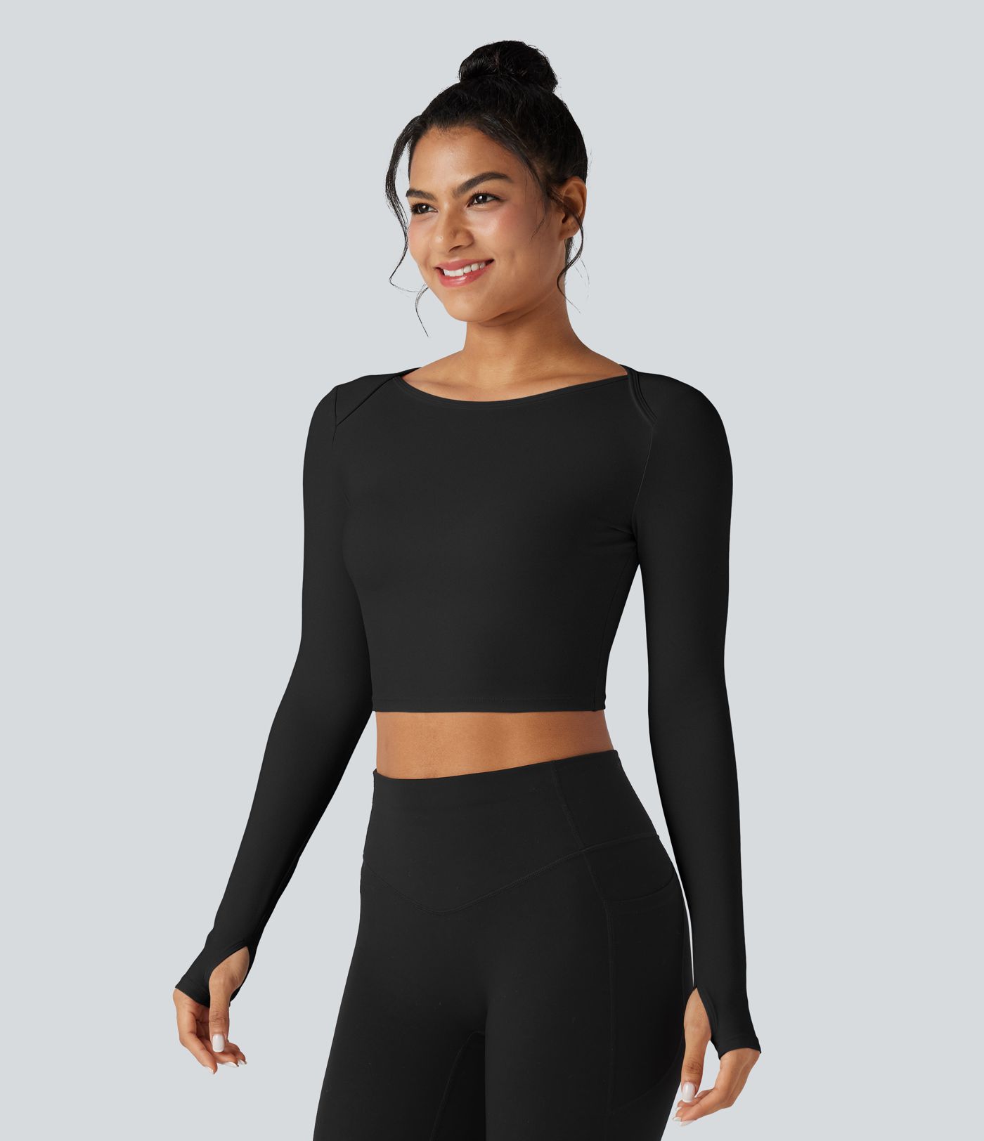 SoftlyZero™ Plush Boat Neck Long Sleeve Thumb Holes Cropped Yoga Sports Top