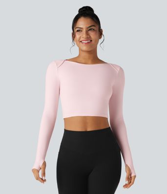 SoftlyZero™ Plush Boat Neck Long Sleeve Thumb Holes Cropped Yoga Sports Top
