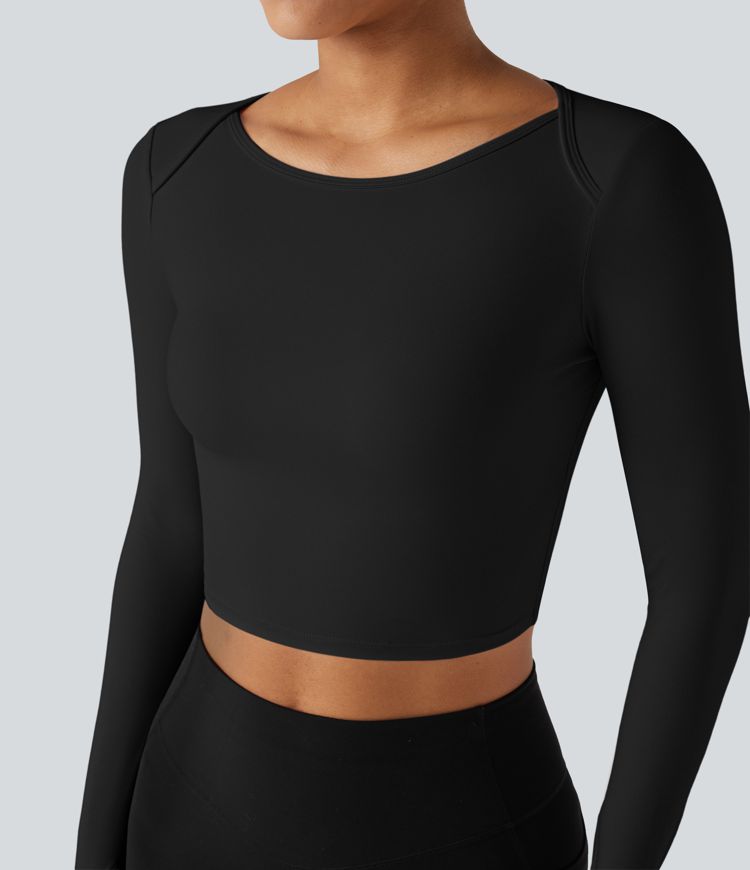 SoftlyZero™ Plush Boat Neck Long Sleeve Thumb Holes Cropped Yoga Sports Top