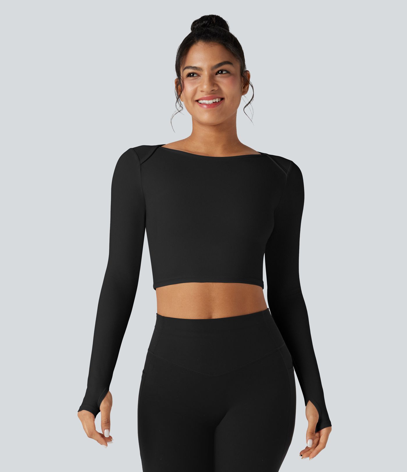 SoftlyZero™ Plush Boat Neck Long Sleeve Thumb Holes Cropped Yoga Sports Top