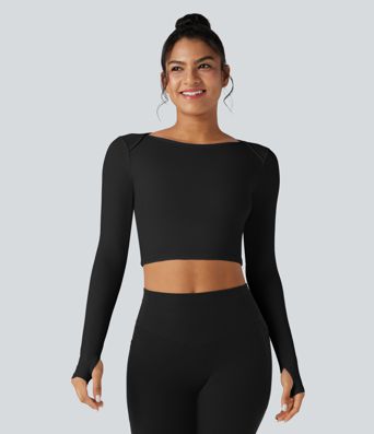 SoftlyZero™ Plush Boat Neck Long Sleeve Thumb Holes Cropped Yoga Sports Top