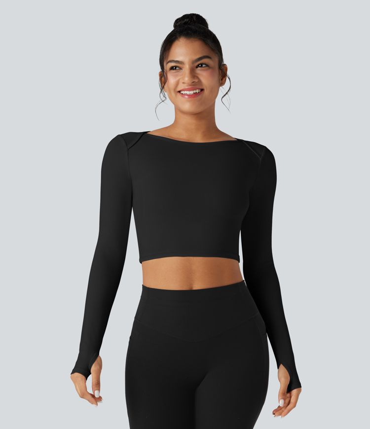 SoftlyZero™ Plush Boat Neck Long Sleeve Thumb Holes Cropped Yoga Sports Top