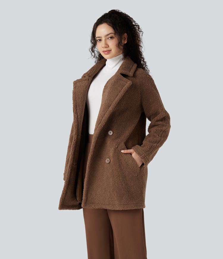 Manteau sherpa col tailleur coupe décontractée avec poches