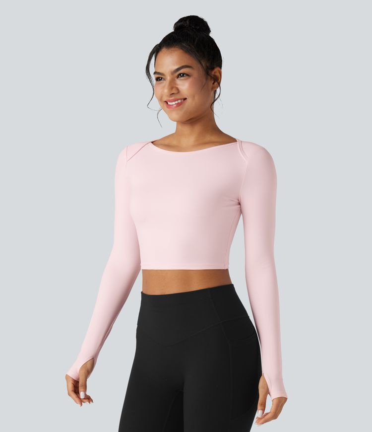 SoftlyZero™ Plush Boat Neck Long Sleeve Thumb Holes Cropped Yoga Sports Top