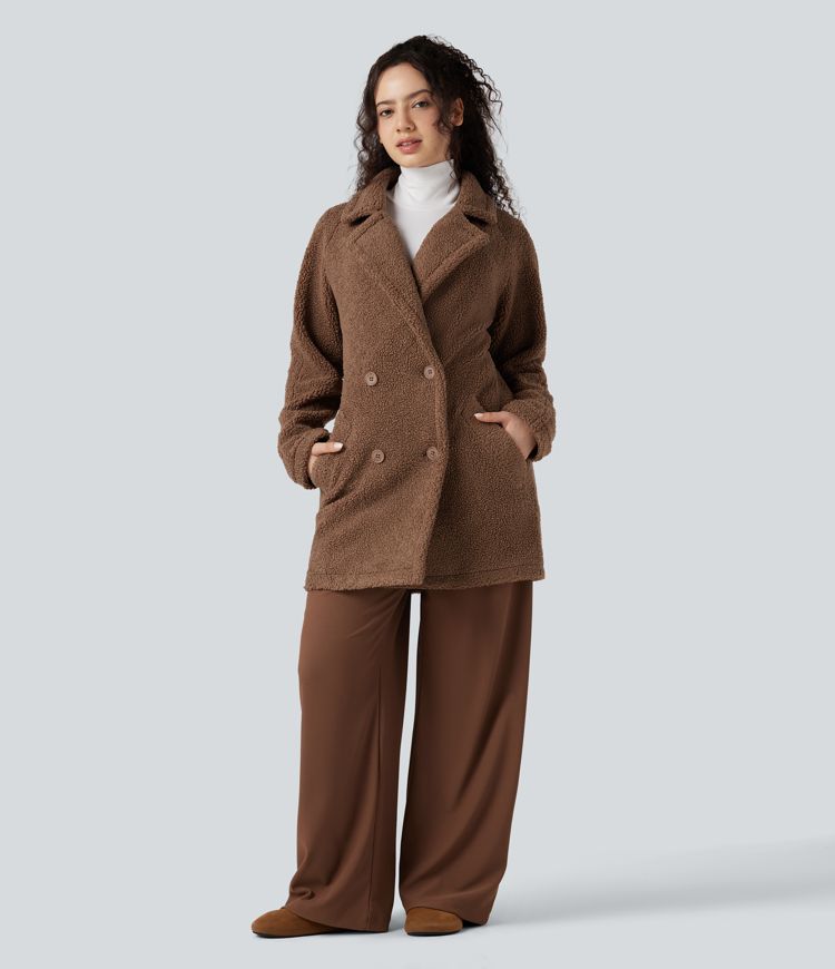 Manteau sherpa col tailleur coupe décontractée avec poches