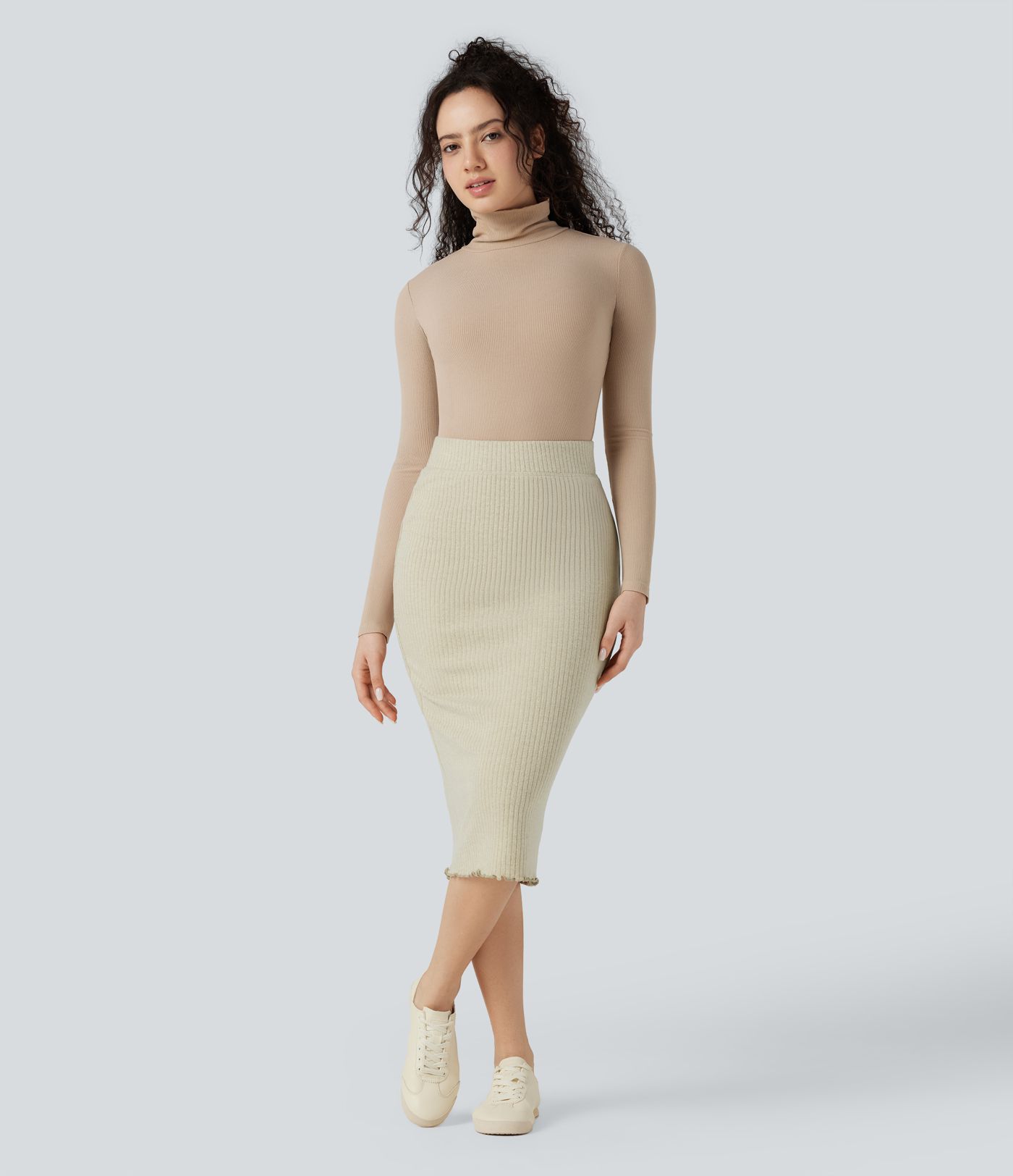 Ribbed Knit High Waisted Lettuce Trim Bodycon Midi Casual Skirt