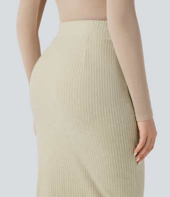 Ribbed Knit High Waisted Lettuce Trim Bodycon Midi Casual Skirt