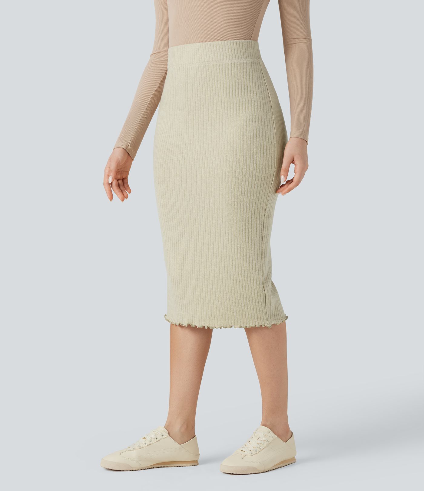 Ribbed Knit High Waisted Lettuce Trim Bodycon Midi Casual Skirt
