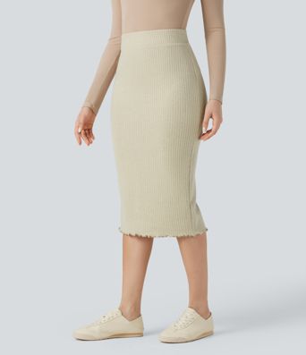 Ribbed Knit High Waisted Lettuce Trim Bodycon Midi Casual Skirt