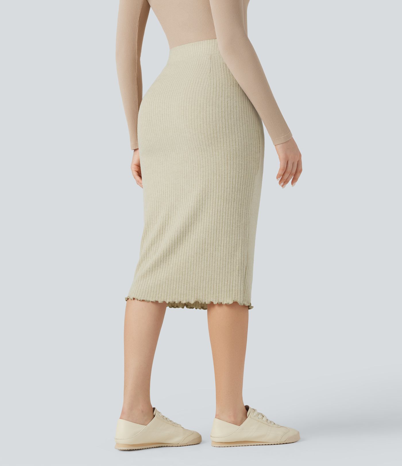Ribbed Knit High Waisted Lettuce Trim Bodycon Midi Casual Skirt