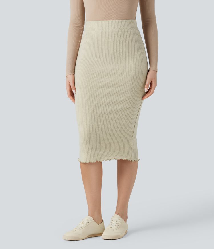 Ribbed Knit High Waisted Lettuce Trim Bodycon Midi Casual Skirt
