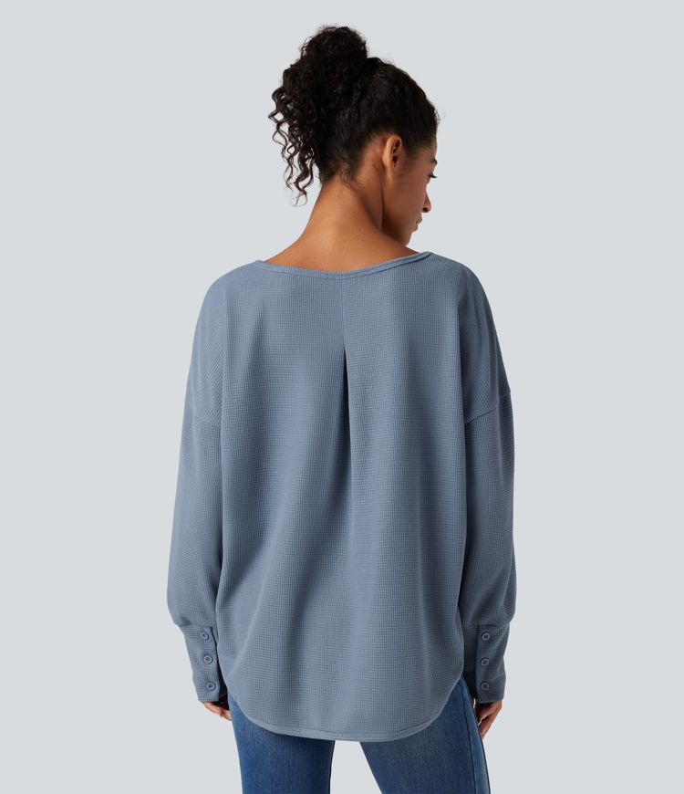 Scoop Neck Long Sleeve Curved Hem Relaxed Waffle Casual Top