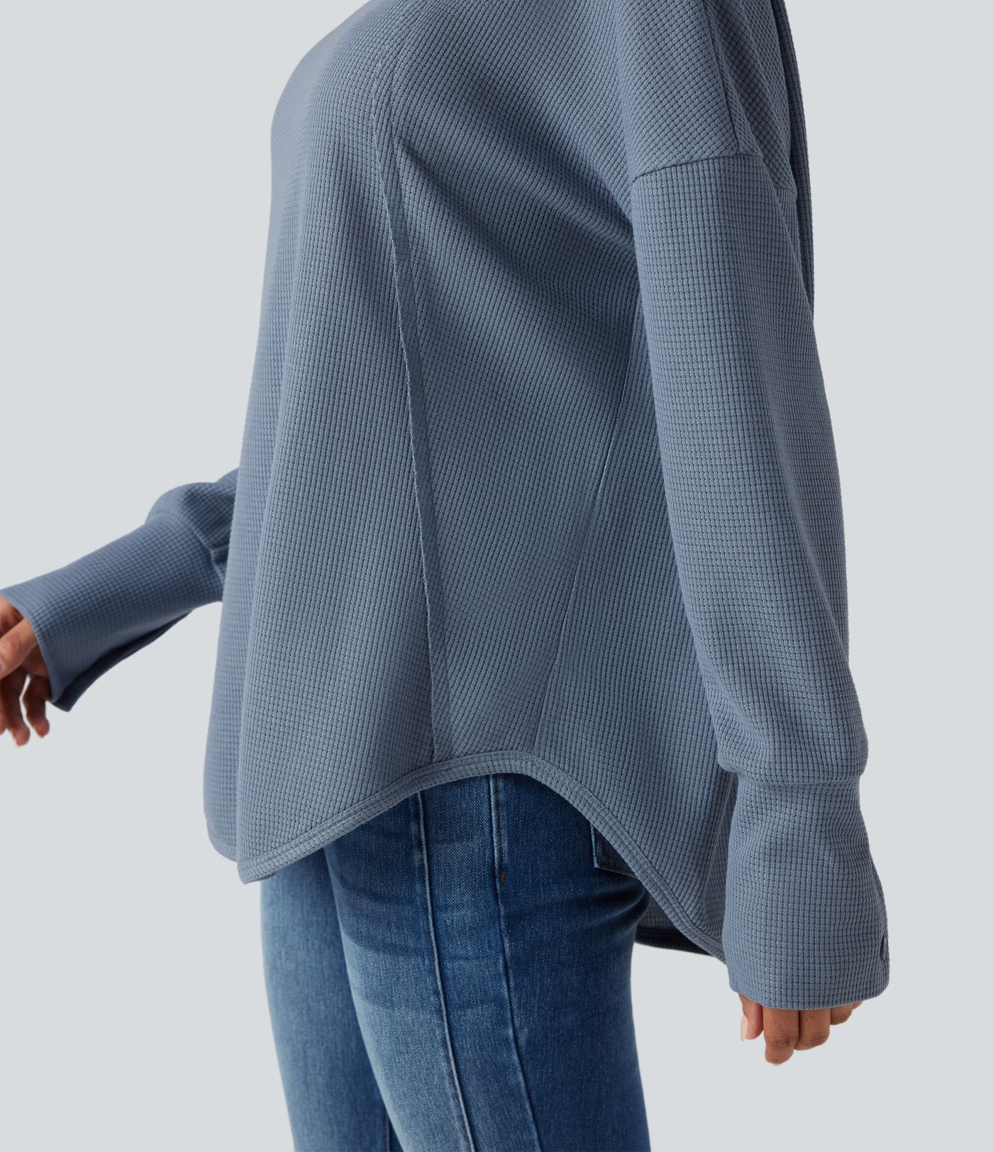 Scoop Neck Long Sleeve Curved Hem Relaxed Waffle Casual Top