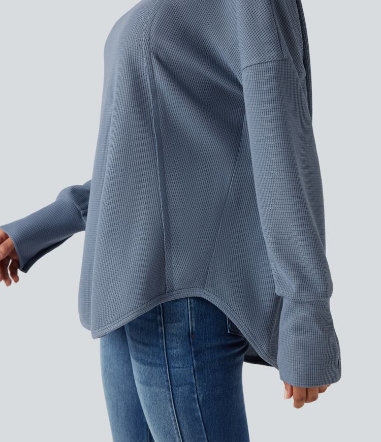 Scoop Neck Long Sleeve Curved Hem Relaxed Waffle Casual Top