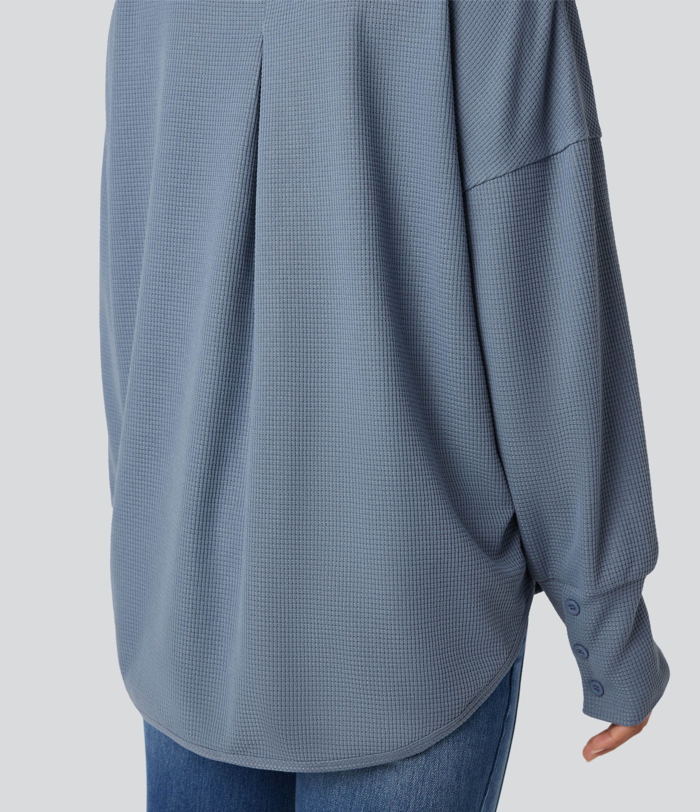 Scoop Neck Long Sleeve Curved Hem Relaxed Waffle Casual Top