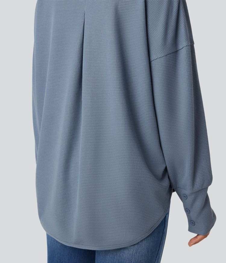 Scoop Neck Long Sleeve Curved Hem Relaxed Waffle Casual Top