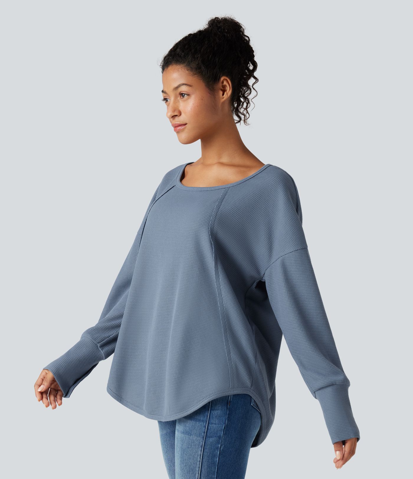 Scoop Neck Long Sleeve Curved Hem Relaxed Waffle Casual Top