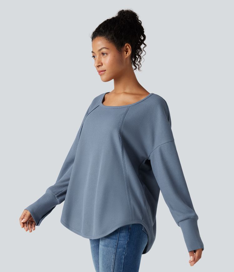 Scoop Neck Long Sleeve Curved Hem Relaxed Waffle Casual Top