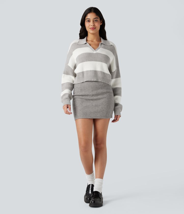 V-neck Long Sleeve Stripe Relaxed Casual Sweater