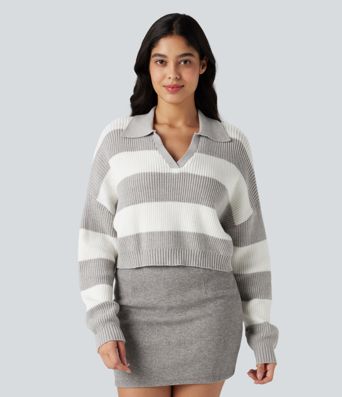 V-neck Long Sleeve Stripe Relaxed Casual Sweater