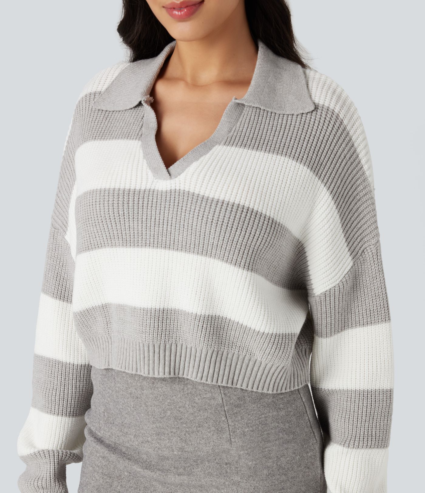 V-neck Long Sleeve Stripe Relaxed Casual Sweater