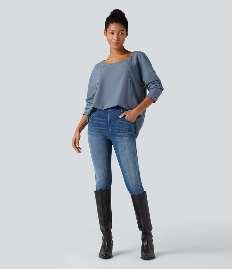 Scoop Neck Long Sleeve Curved Hem Relaxed Waffle Casual Top