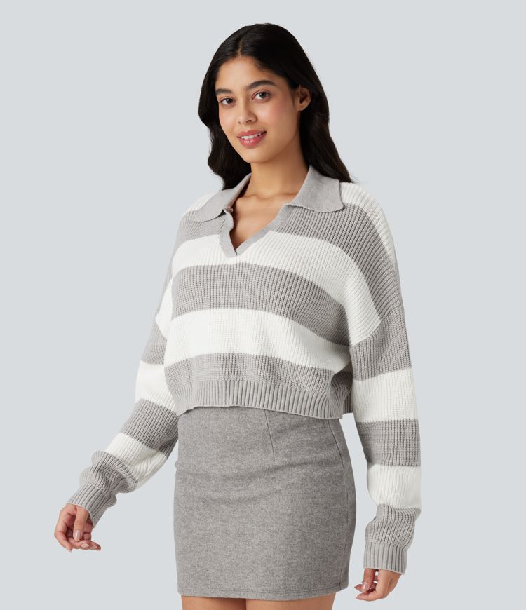 V-neck Long Sleeve Stripe Relaxed Casual Sweater