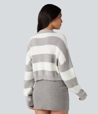 V-neck Long Sleeve Stripe Relaxed Casual Sweater