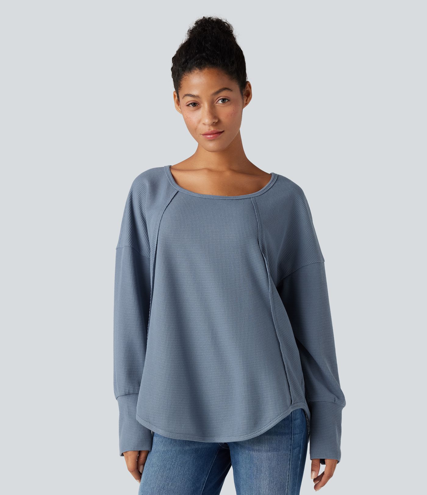 Scoop Neck Long Sleeve Curved Hem Relaxed Waffle Casual Top