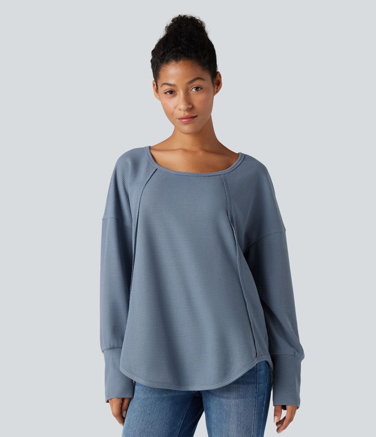 Scoop Neck Long Sleeve Curved Hem Relaxed Waffle Casual Top