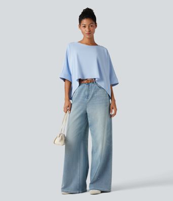 Rundhalsausschnitt, Fledermausärmel, High-Low-Saum, locker-lässiges Casual-T-Shirt