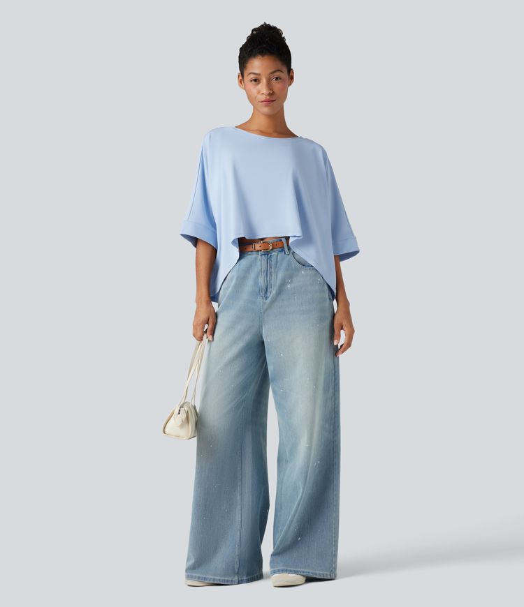 Rundhalsausschnitt, Fledermausärmel, High-Low-Saum, locker-lässiges Casual-T-Shirt