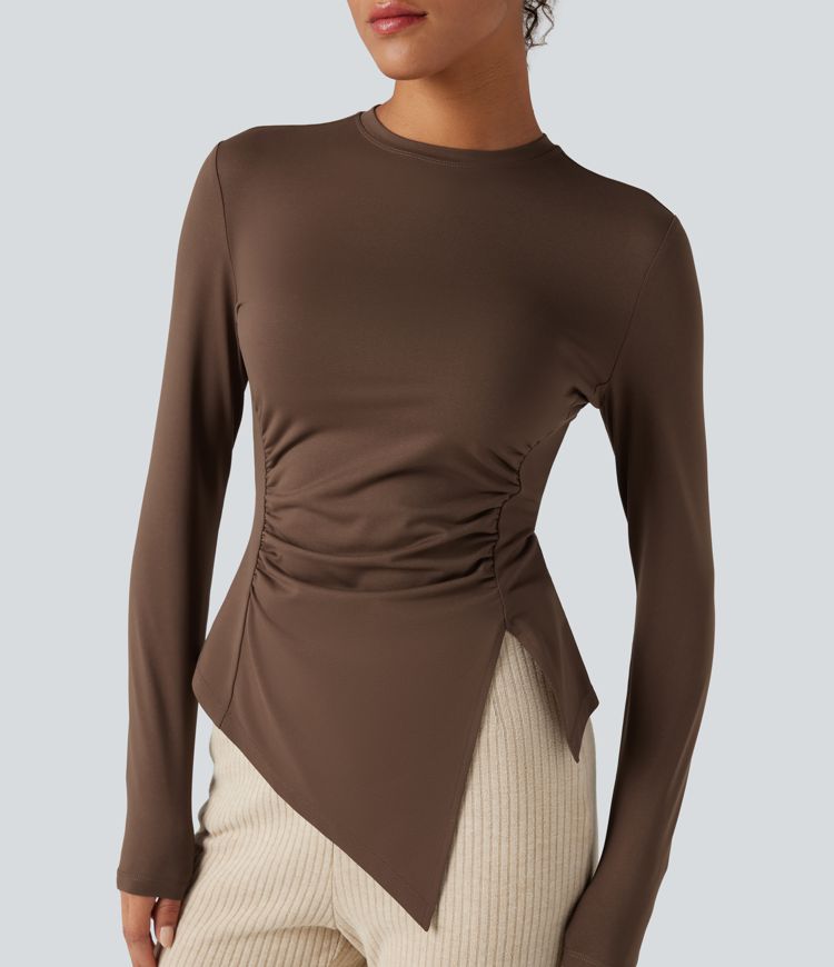 Long Sleeve Ruched Split Hem Casual T-Shirt