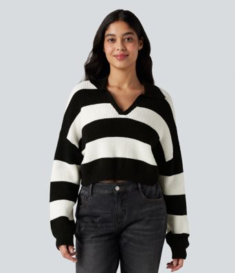 V-neck Long Sleeve Stripe Relaxed Casual Sweater