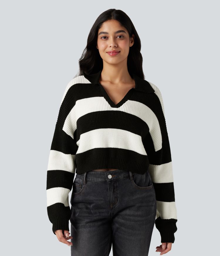 V-neck Long Sleeve Stripe Relaxed Casual Sweater