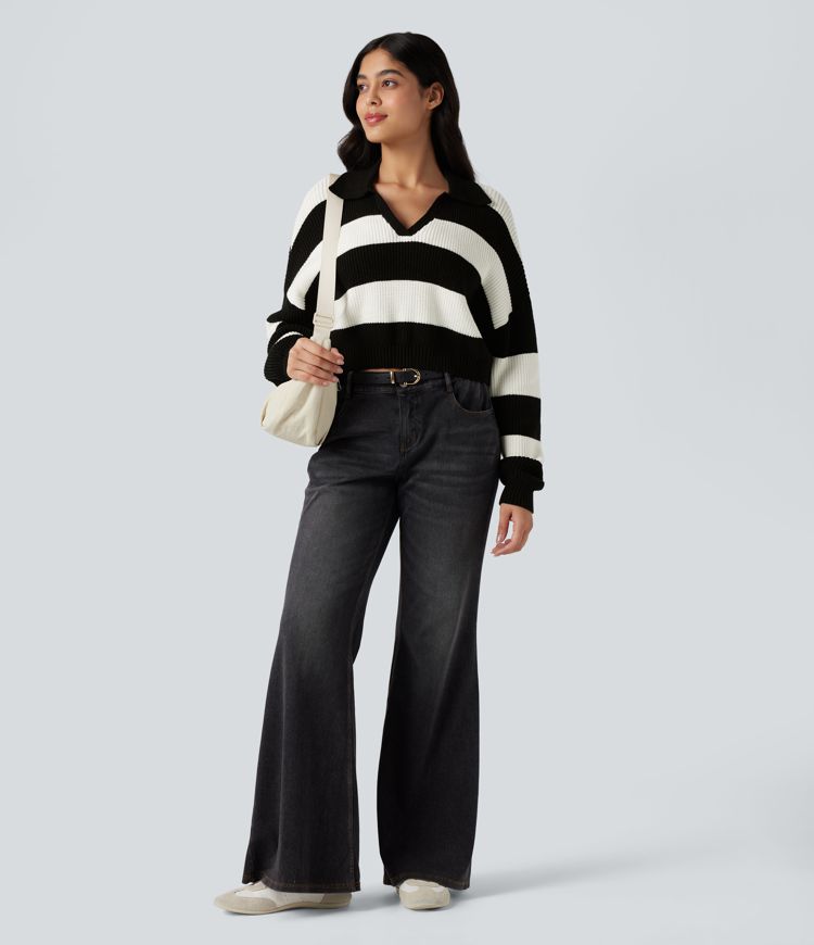 V-neck Long Sleeve Stripe Relaxed Casual Sweater