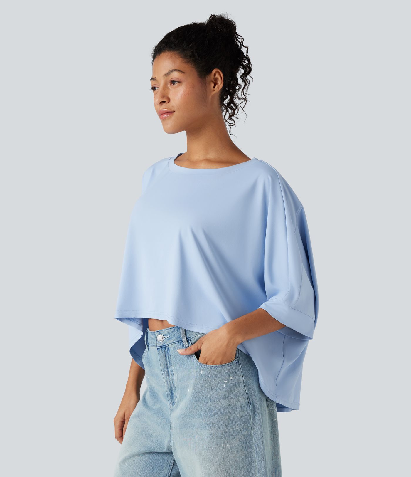 Rundhalsausschnitt, Fledermausärmel, High-Low-Saum, locker-lässiges Casual-T-Shirt