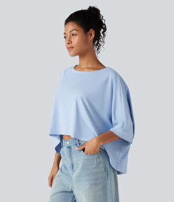 Rundhalsausschnitt, Fledermausärmel, High-Low-Saum, locker-lässiges Casual-T-Shirt