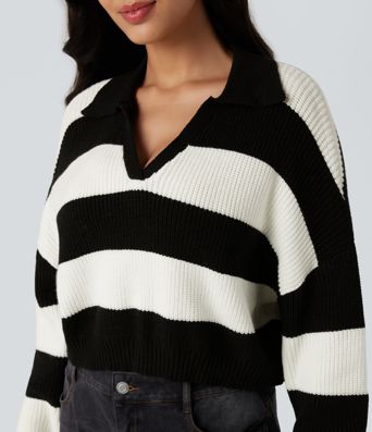 V-neck Long Sleeve Stripe Relaxed Casual Sweater