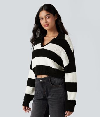 V-neck Long Sleeve Stripe Relaxed Casual Sweater