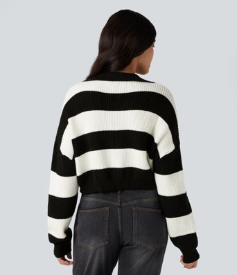 V-neck Long Sleeve Stripe Relaxed Casual Sweater
